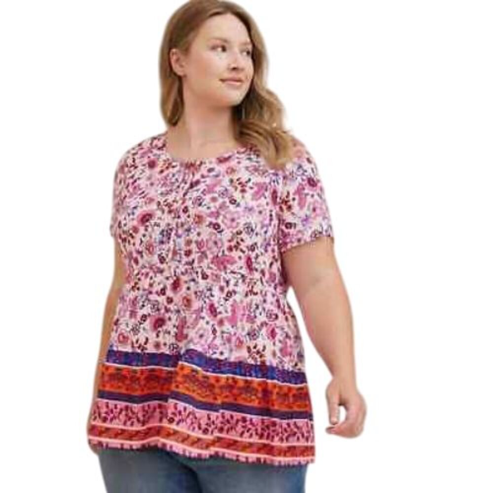 Torrid Women's 4X Peasant Baby Doll Top Pink Floral Folksy Boho Festival Hippie